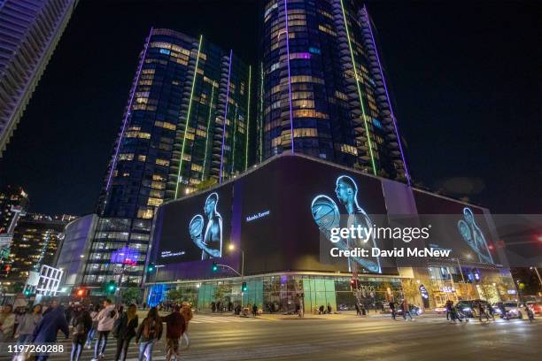 Signage memorializes former NBA great Kobe Bryant who, along with his 13-year-old daughter Gianna, died January 26 in a helicopter crash, on January...