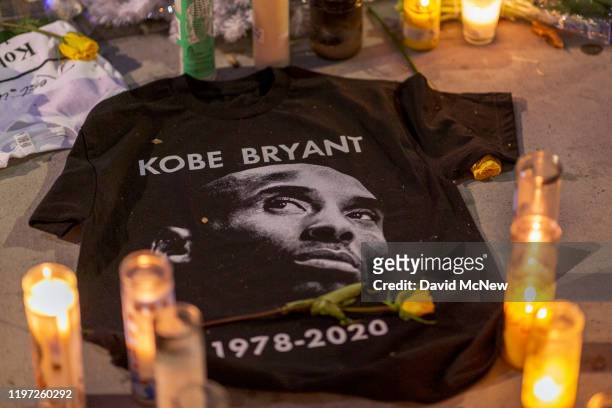 Makeshift memorial is shown near Staples Center in remembrance of former NBA great Kobe Bryant who, along with his 13-year-old daughter Gianna, died...