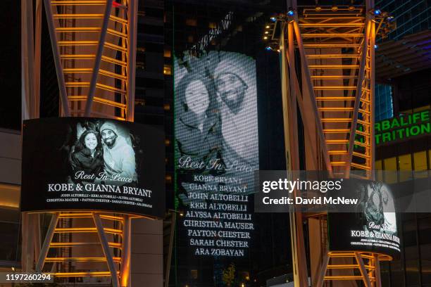 Signage memorializes former NBA great Kobe Bryant who, along with his 13-year-old daughter Gianna, died January 26 in a helicopter crash, on January...