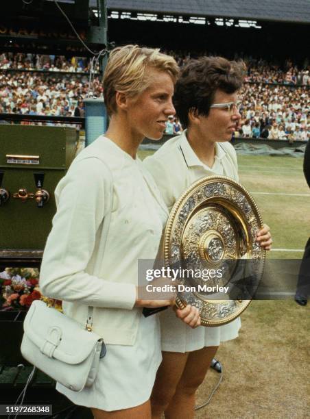 Ann Jones of Great Britain and Billie Jean King of the United States pose with the Venus Rosewater Dish before the Women's Singles Final match...