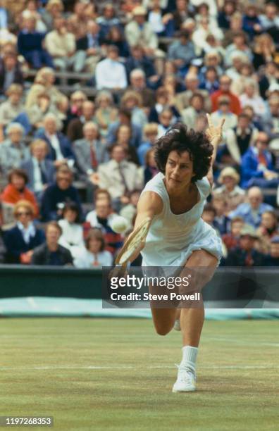 Virginia Wade of Great Britain stretches to make a backhand return against Elisabeth Ekblom during their Women's Singles first round match at the...