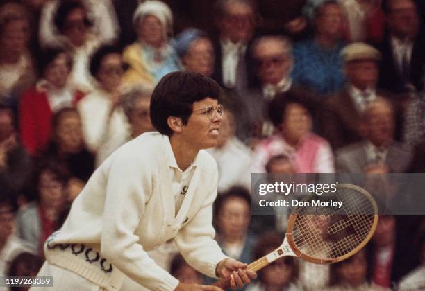 Billie Jean King of the United States during the Women's Singles Final match against Margaret Court at the Wimbledon Lawn Tennis championships on 3...