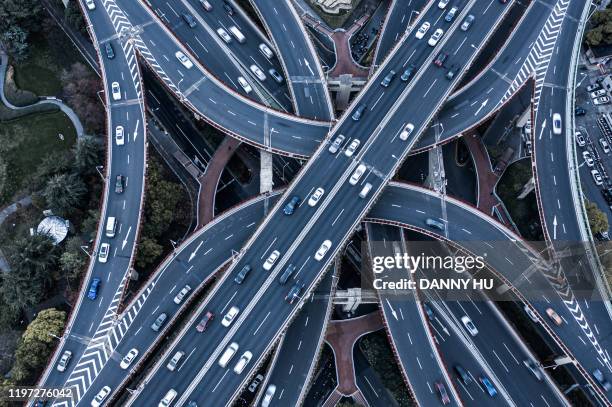 overlook of viaduct in shanghai - busy highway stock pictures, royalty-free photos & images