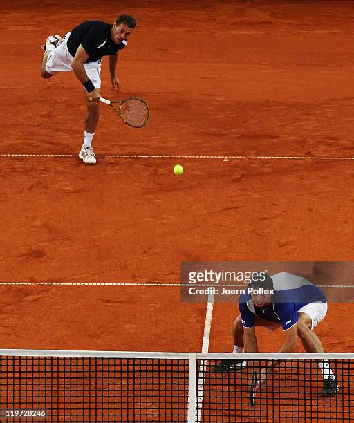 Frantisek Cermak of Czech Republic and Filip Polasek of Slovakia in action during their semi doubles final match against Oliver Marach of Austria and...