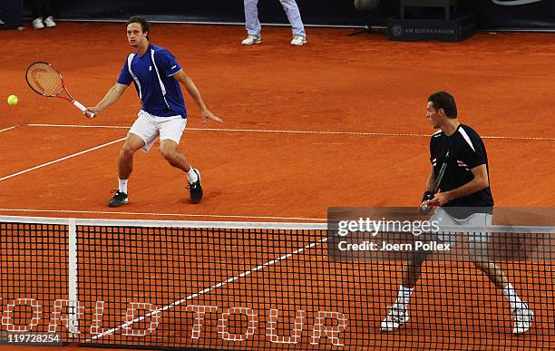 Frantisek Cermak of Czech Republic and Filip Polasek of Slovakia in action during their semi doubles final match against Oliver Marach of Austria and...