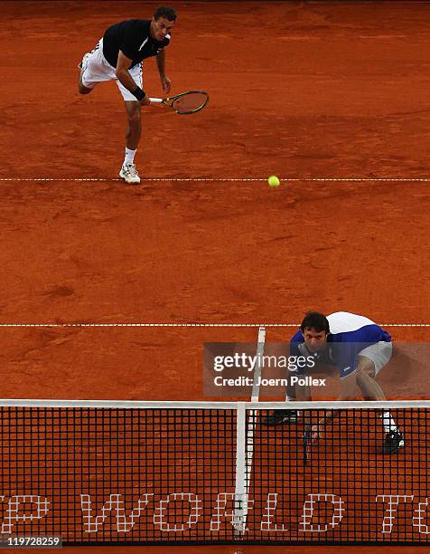 Frantisek Cermak of Czech Republic and Filip Polasek of Slovakia in action during their semi doubles final match against Oliver Marach of Austria and...