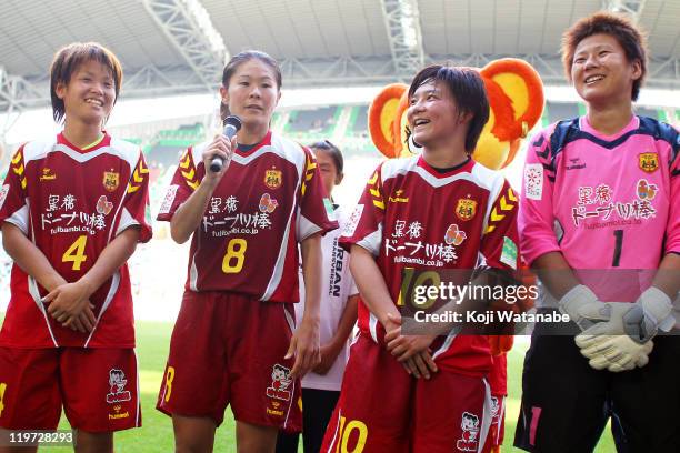 World Cup winning player Asuna Tanaka makes a speech as team-mates Homare Sawa, Shinobu Ohno and Ayumi Kaihori look on after the Nadeshiko League...