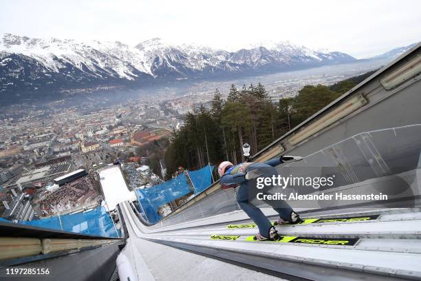 Karl Geiger of Germany competes during a training session for the 68th FIS Nordic World Cup Four Hills Tournament at Bergisel-Stadion Olympiaschanze...