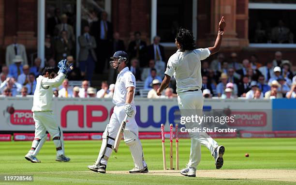 England batsman Jonathan Trott is dimissed by India bowler Ishant Sharma during day four of the 1st npower test match between England and India at...