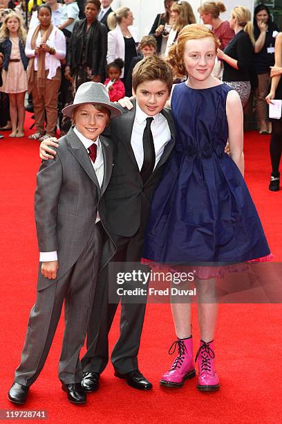 Ross Marron, Theo Stevenson and Scarlett Stitt attend the world premiere of Horrid Henry at BFI Southbank on July 24, 2011 in London, England.