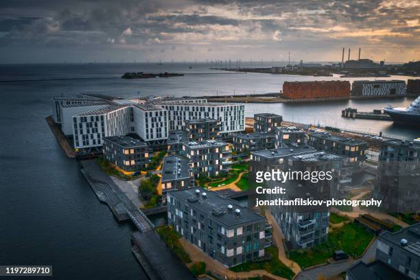 copenhagen cityscape: modern architecture at the sea - windmill denmark stock pictures, royalty-free photos & images