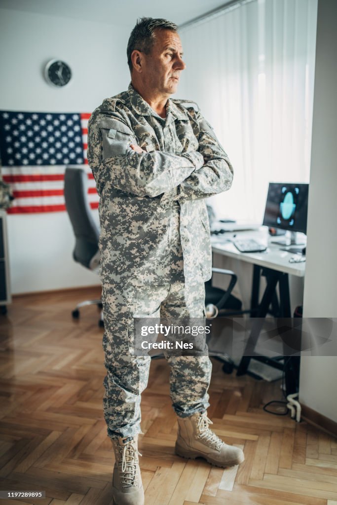 US soldier in headquarters office