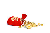 Red bag with Chinese alphabet mean lucrative, fortune and wealth and Chinese golden ingots on white background 3d rendering. 3d illustration greeting for Richness concept. Chinese new year festival.