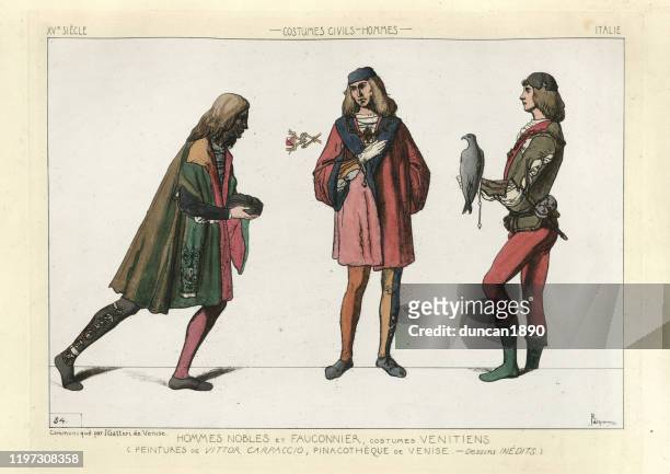 medieval fashion, noble men and falconer of venice, 15th century - falconry stock illustrations