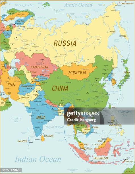 asia map with national borders and rivers. high detailed vector map - cambodia map stock illustrations