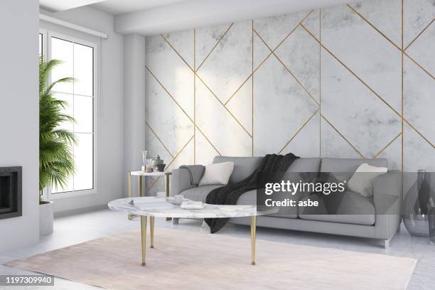 modern living room with sofa and decorations - wall paper 3d stock pictures, royalty-free photos & images