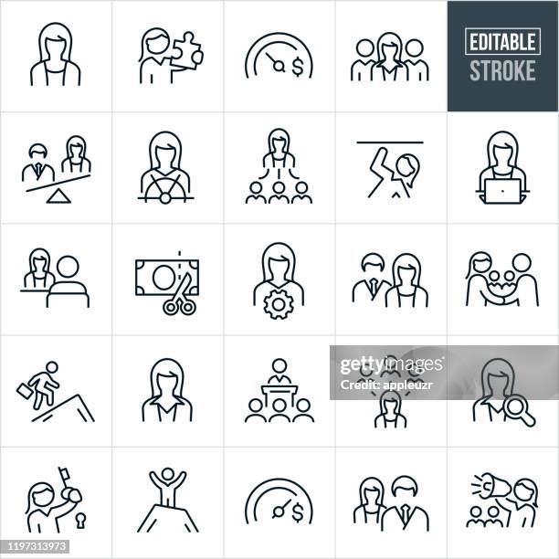 illustrazioni stock, clip art, cartoni animati e icone di tendenza di icone di linea sottile per donne d'affari - tratto modificabile - donna in carriera