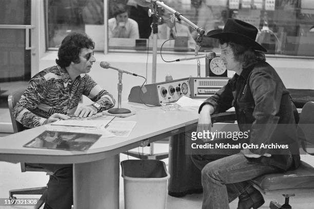 American satirical comedian Mort Sahl with radio talk show host Don Imus in a studio at WNBC in New York City, 1973. Sahl is promoting his new album,...
