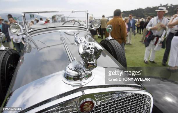 Hood ornament of a 1930 Cadillac Fleetwood Roadster is seen at the 56th Pebble Beach Concours d' Elegance in Pebble Beach, California 20 August,...