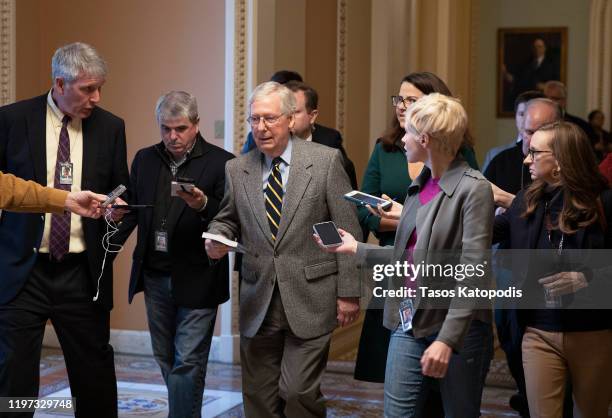 Senate Majority Leader Mitch McConnell walks to his office from the Senate chamber at the U.S. Capitol on January 03, 2020 in Washington, DC....