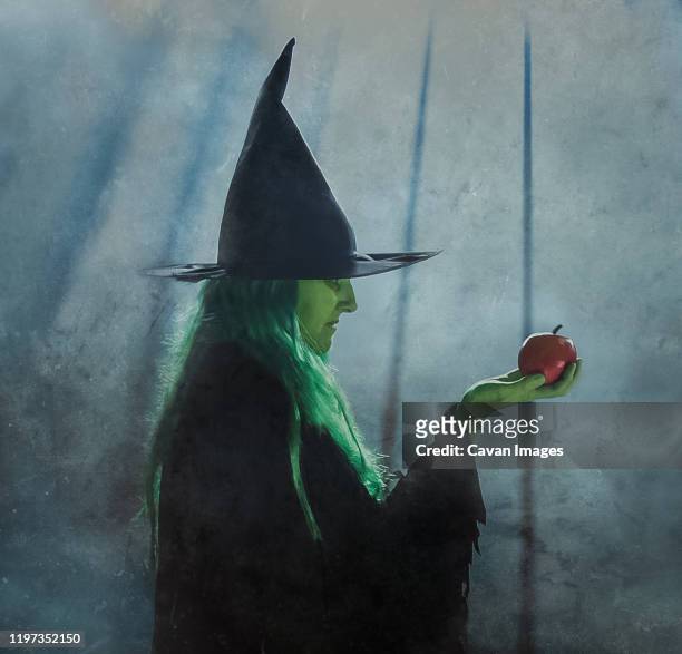 woman in witch costume holding an apple with a foggy  background. - witch photos et images de collection