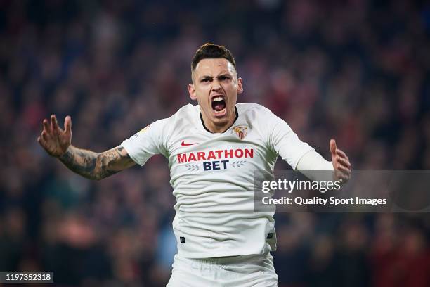 Lucas Ocampos of Sevilla FC celebrates his team's opening goal during the Liga match between Sevilla FC and Athletic Club at Estadio Ramon Sanchez...