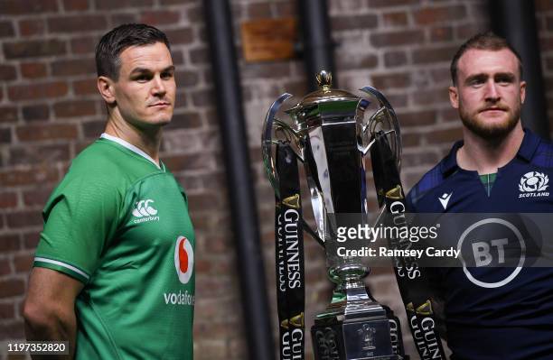 London , United Kingdom - 22 January 2020; Ireland captain Jonathan Sexton, left, and Scotland captain Stuart Hogg during the Guinness Six Nations...