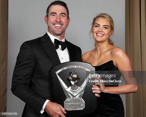 Justin Verlander of the Houston Astros poses for a photo with his wife Kate Upton during the 2020 Baseball Writers' Association of America awards...