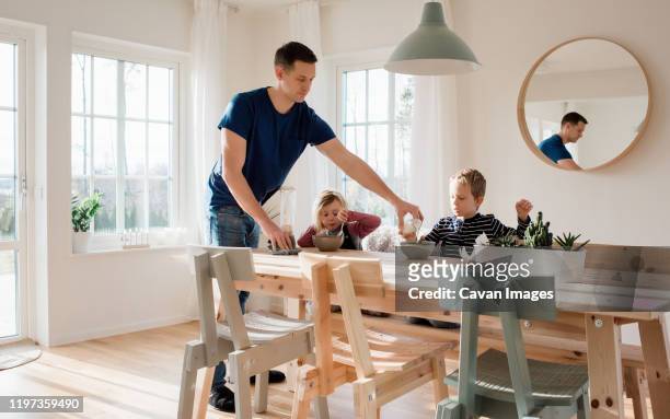 father helping his kids make breakfast and getting ready for school - breakfast fathers bildbanksfoton och bilder