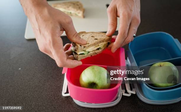 father making a packed lunch box for his kids before school - boxed lunch stock pictures, royalty-free photos & images