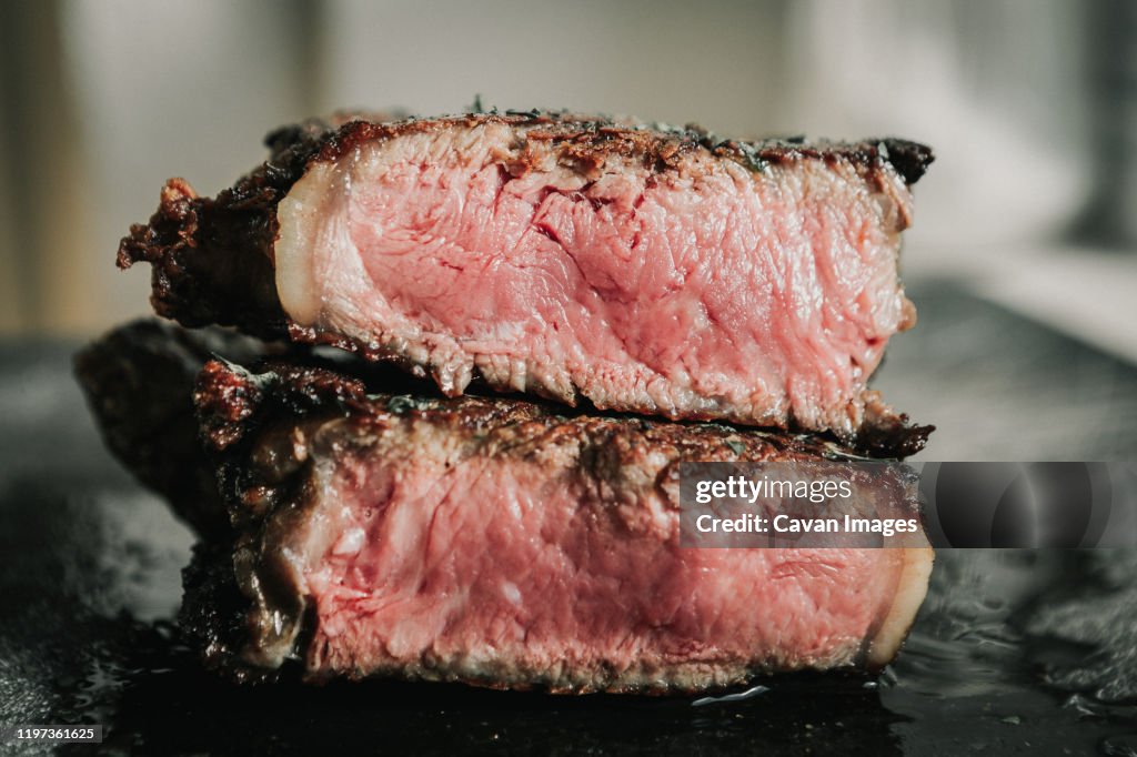 Medium Rare Steak Cut in Half
