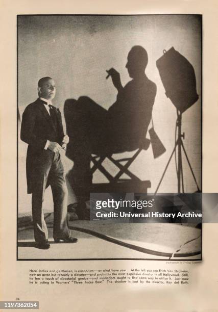 Actor Erich Von Stroheim, Shadow of Director Roy del Ruth, Portrait on-set of Film, "Three Faces East, Warner Bros., Inside The New Movie Magazine,...