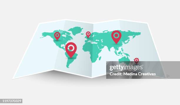 ilustrações de stock, clip art, desenhos animados e ícones de vector world map folded with pin isolated on white background - pinning
