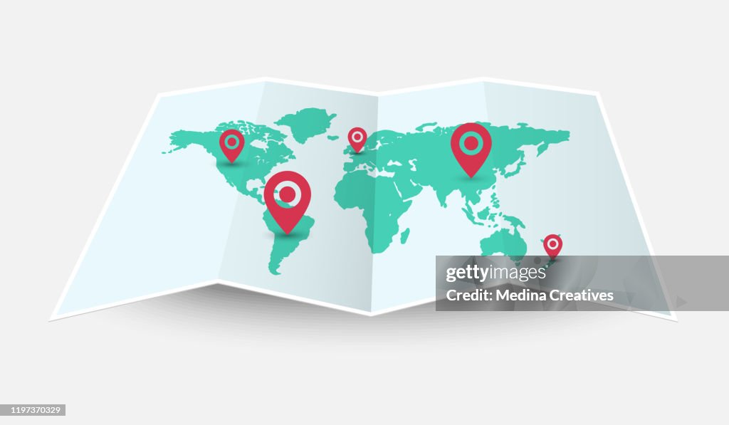 Vector World Map Folded With Pin Isolated On White Background High-Res ...