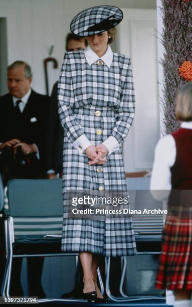 Diana, Princess of Wales at the Braemar Games, a Highland Games Gathering in Braemar, Scotland, September 1989. She is wearing a tartan dress by...