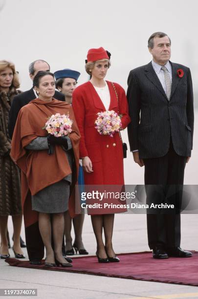 Diana, Princess of Wales arrives at Orly Airport near Paris, France, and is met by Michèle Rocard , the wife of French Prime Minister Michel Rocard,...