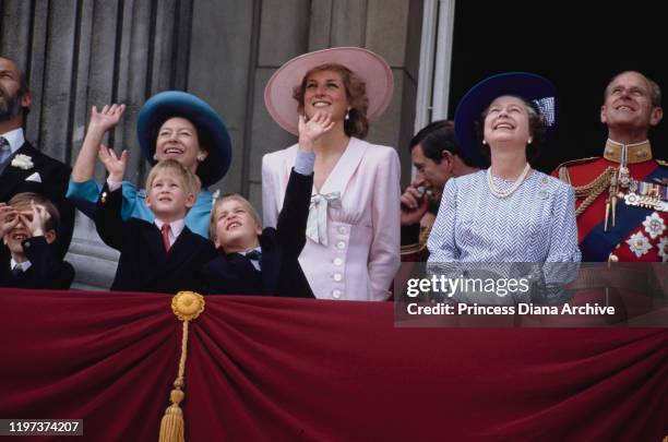 The royal family gather on the balcony of Buckingham Palace in London for the Trooping the Colour ceremony, June 1989. Pictured are Princess...