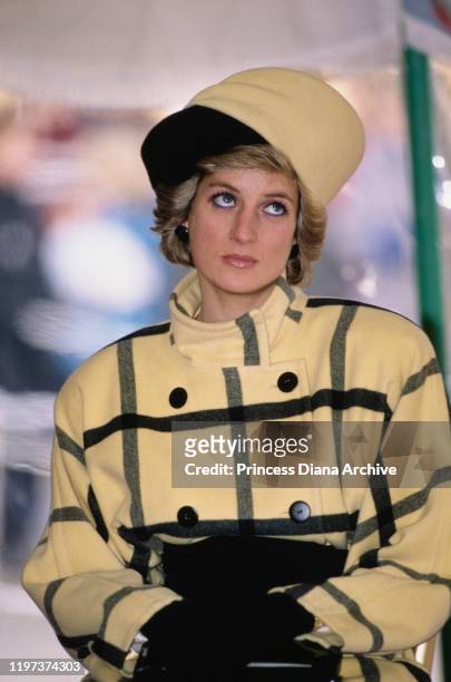Diana, Princess of Wales on the Isle of Wight, to name the new HM Customs patrol boat 'Vigilant', 6th December 1988. She is wearing a black and...