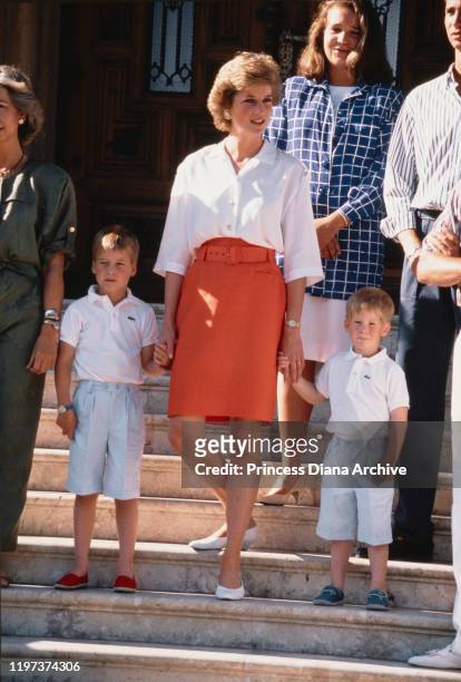 Diana, Princess of Wales with her sons Prince William and Prince Harry during a holiday with the Spanish royal family at the Marivent Palace in Palma...