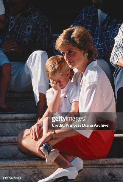 Diana, Princess of Wales with her son Prince Harry during a holiday with the Spanish royal family at the Marivent Palace in Palma de Mallorca, Spain,...