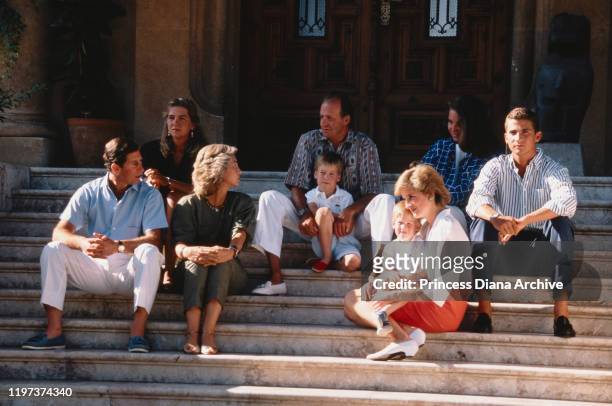 Prince Charles and Diana, Princess of Wales with their sons Prince William and Prince Harry during a holiday with the Spanish royal family at the...