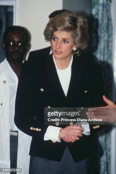 Diana, Princess of Wales visits victims of the Purley station rail crash in Mayday Hospital in Croydon, London, 6th March 1989.