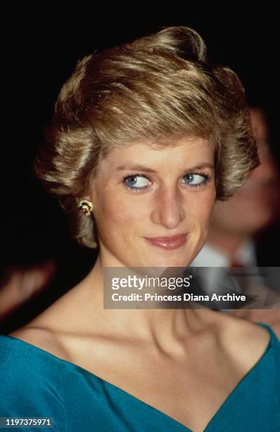 Diana, Princess of Wales at the Hotel Borobudur in Jakarta, Indonesia, November 1989. She is wearing a suit by Catherine Walker.