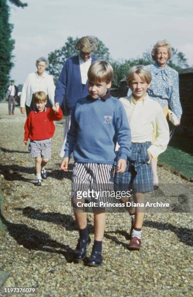 Diana, Princess of Wales with her sons Prince William and Prince Harry , and her mother Frances Shand Kydd at St Mary's Church in Great Brington,...