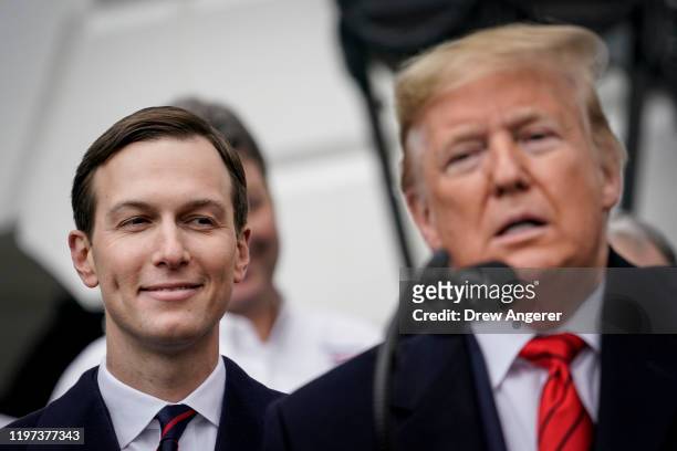 Senior Advisor Jared Kushner looks on as U.S. President Donald Trump speaks before signing the United States-Mexico-Canada Trade Agreement during a...