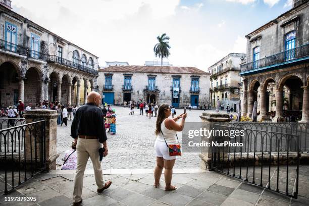 View of Plaza de la Catedral in Havana, Cuba, on January 16, 2020. The city attracts milions of tourists annually. Old Havana is declared a UNESCO...