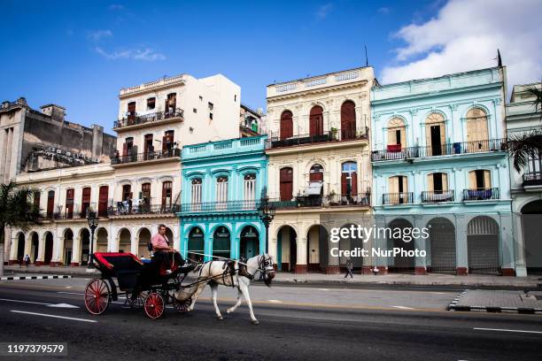 Horse-drawn vehicle in Havana, Cuba, on January 16, 2020. The city attracts milions of tourists annually. Old Havana is declared a UNESCO World...