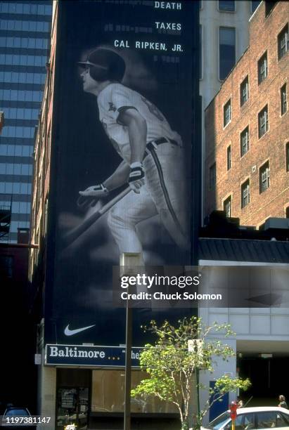 View of billboard painting on side of building of Baltimore Orioles Cal Ripken Jr. Baltimore, MD 9/6/1995 CREDIT: Chuck Solomon