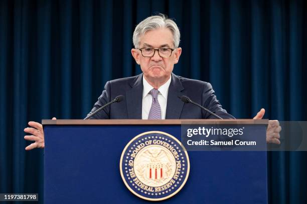 Federal Reserve Board Chairman Jerome Powell speaks during a news conference after a Federal Open Market Committee meeting on January 29, 2020 in...