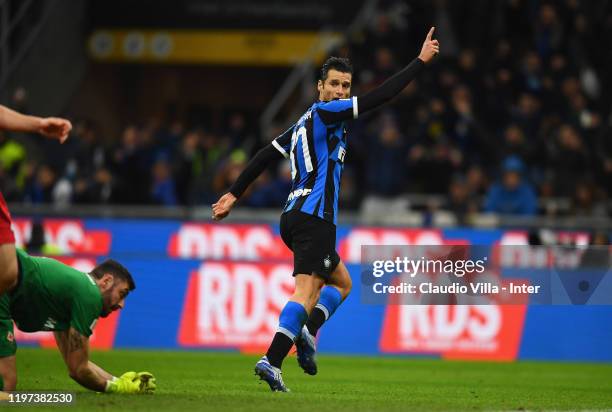 Antonio Candreva of FC Internazionale celebrates after scoring the opening goal during the Coppa Italia Quarter Final match between FC Internazionale...